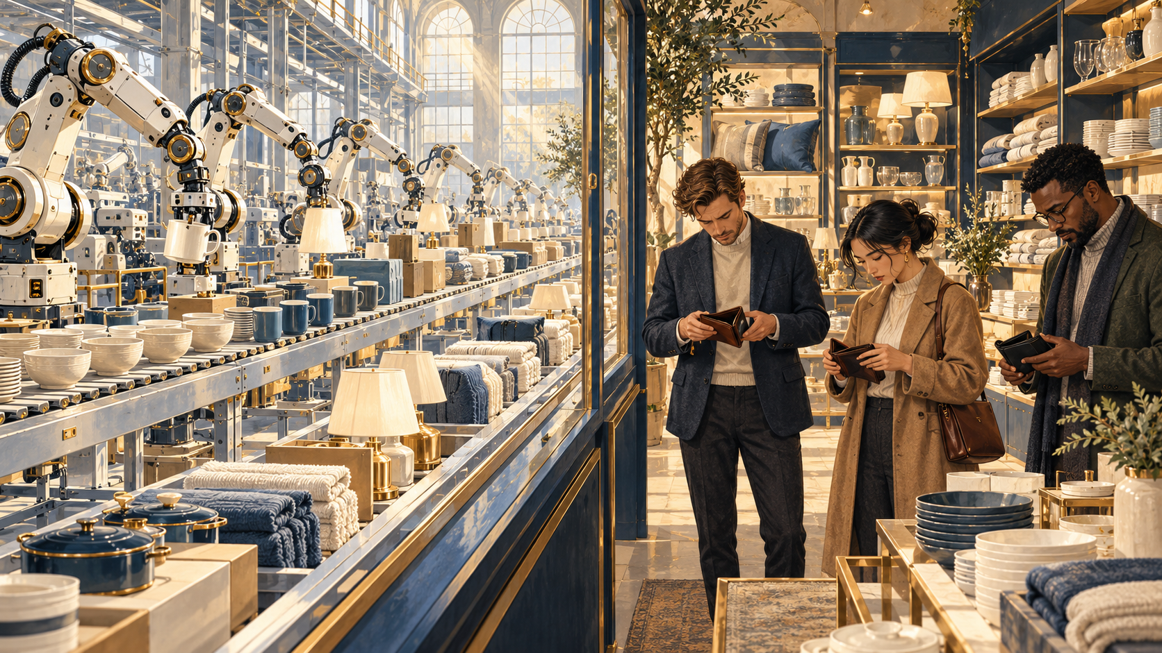 People checking empty wallets beside an automated factory filled with goods