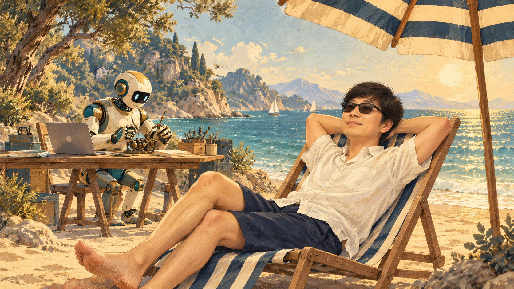 An imagined scene of Joo-Ho Lee relaxing in sunglasses on a beach while a robot works
